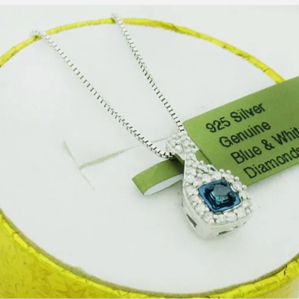 💎Genuine BLUE & WHITE diamonds! Sterling silver necklace..36kt